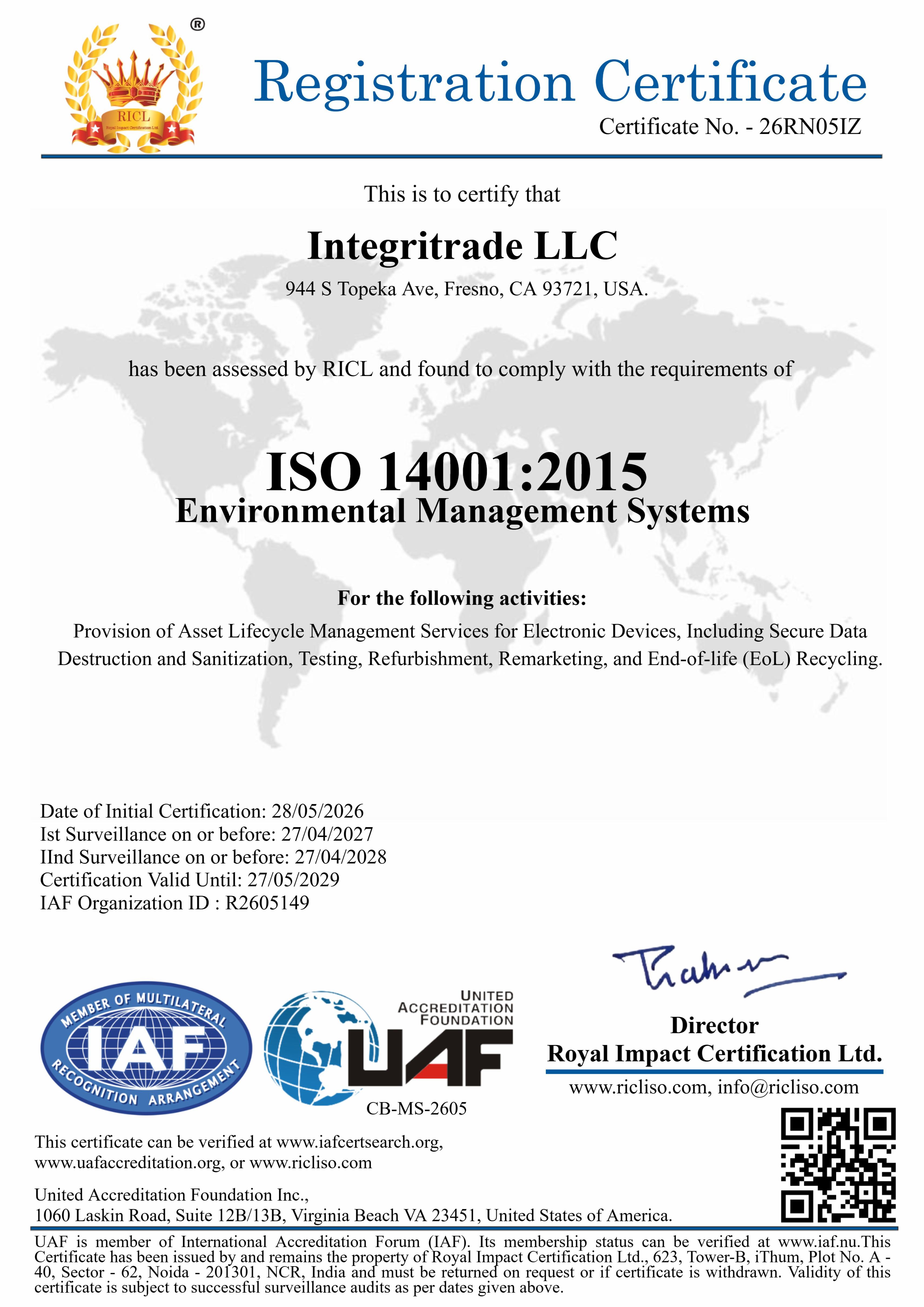 Royal Impact Certification Ltd. ISO 14001 Certificate
